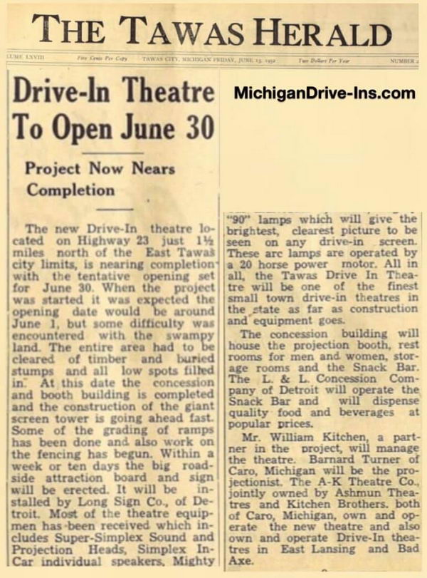 Tawas Drive-In Theatre - Tawas Herald Tawas Drive-In Article June 13 1952